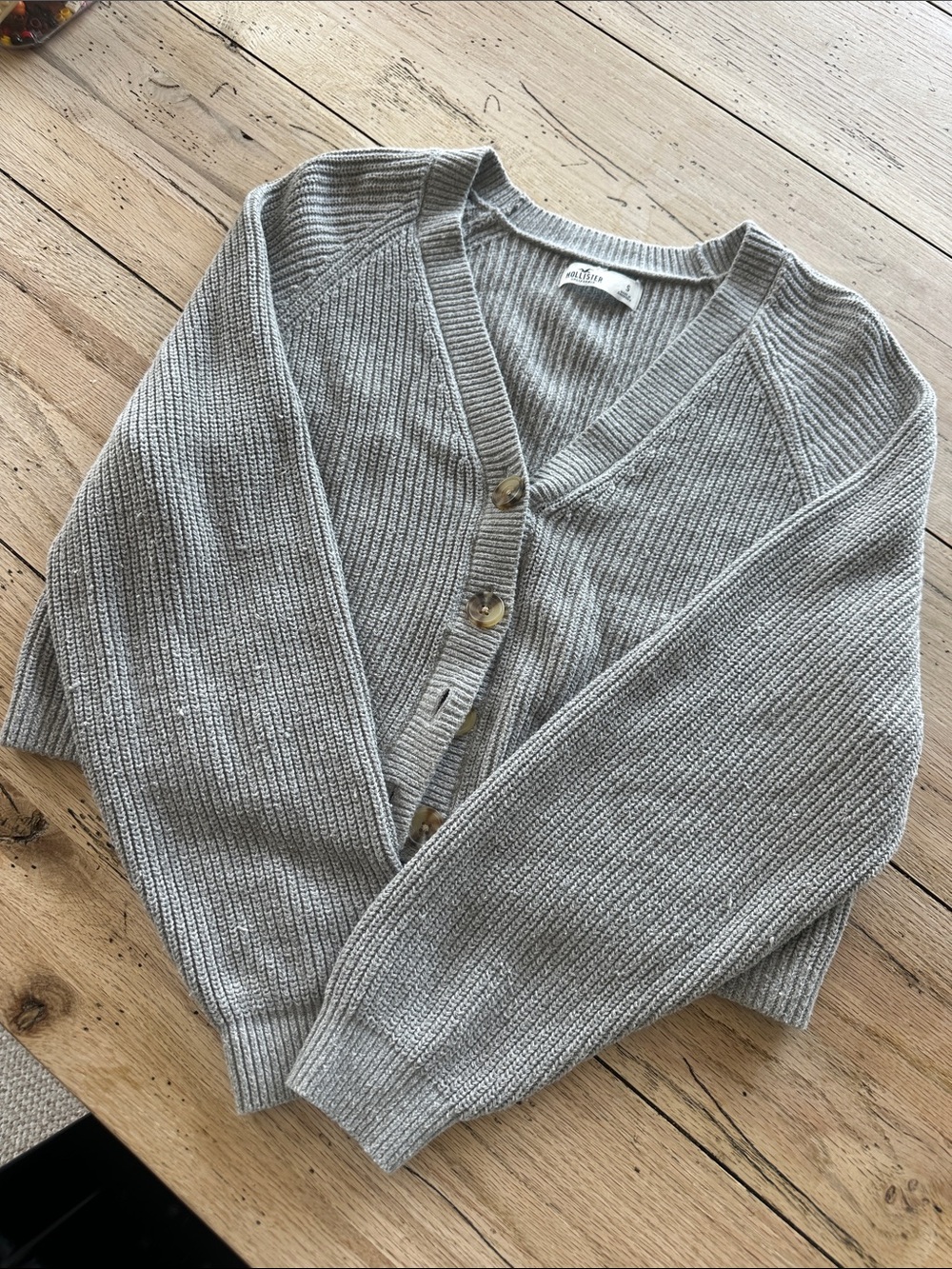 Hollister Light Gray Ribbed V-Neck Button Cardigan
